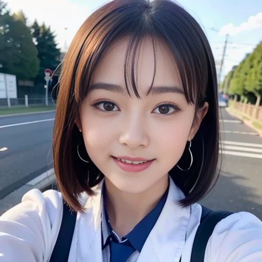 Cute 15 year old Japanese、On the road、Highly detailed face、Pay attention to the details、double eyelid、Beautiful thin nose、Sharp focus:1.2、Beautiful woman:1.4、Align your bangs、Pure white skin、highest quality、masterpiece、Ultra-high resolution、(Realistic:1.4)、Highly detailed and professional lighting、nice smile、Japanese school girl uniform