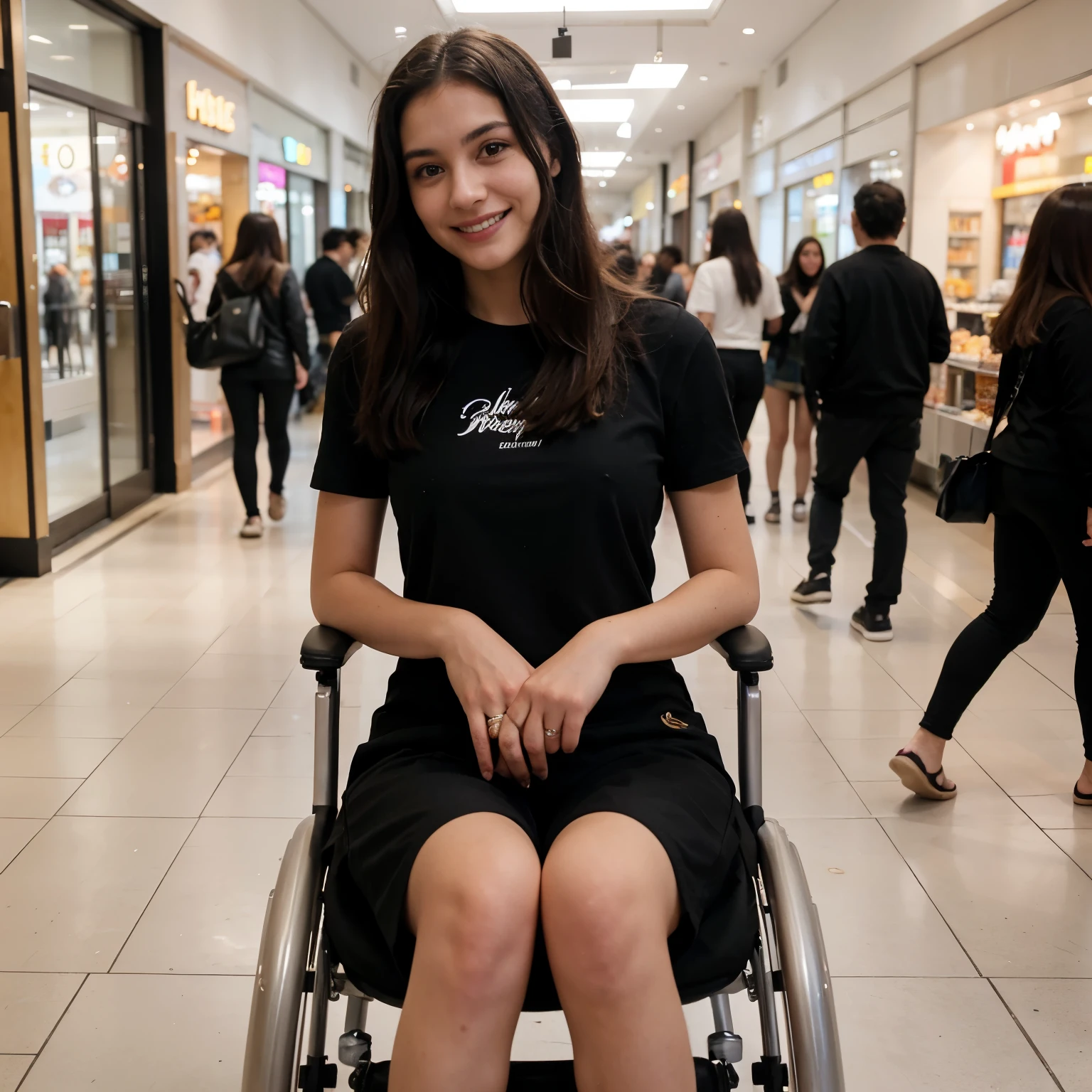 "A 22-year-old, cute woman with a disability, sitting in a wheelchair inside a bustling mall. She has a bright, cheerful smile, with expressive eyes and long, flowing hair. She is wearing a black shirt and black pants, which complement her youthful and vibrant personality. The mall is lively, with various shops, people walking by, and colorful displays in the background, creating a dynamic and energetic atmosphere."