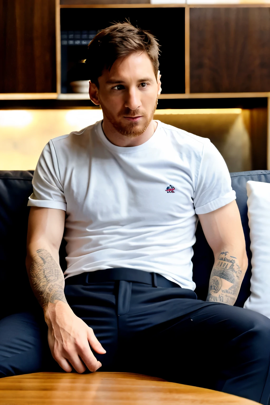 A photograph of Messi watching TV but realistic