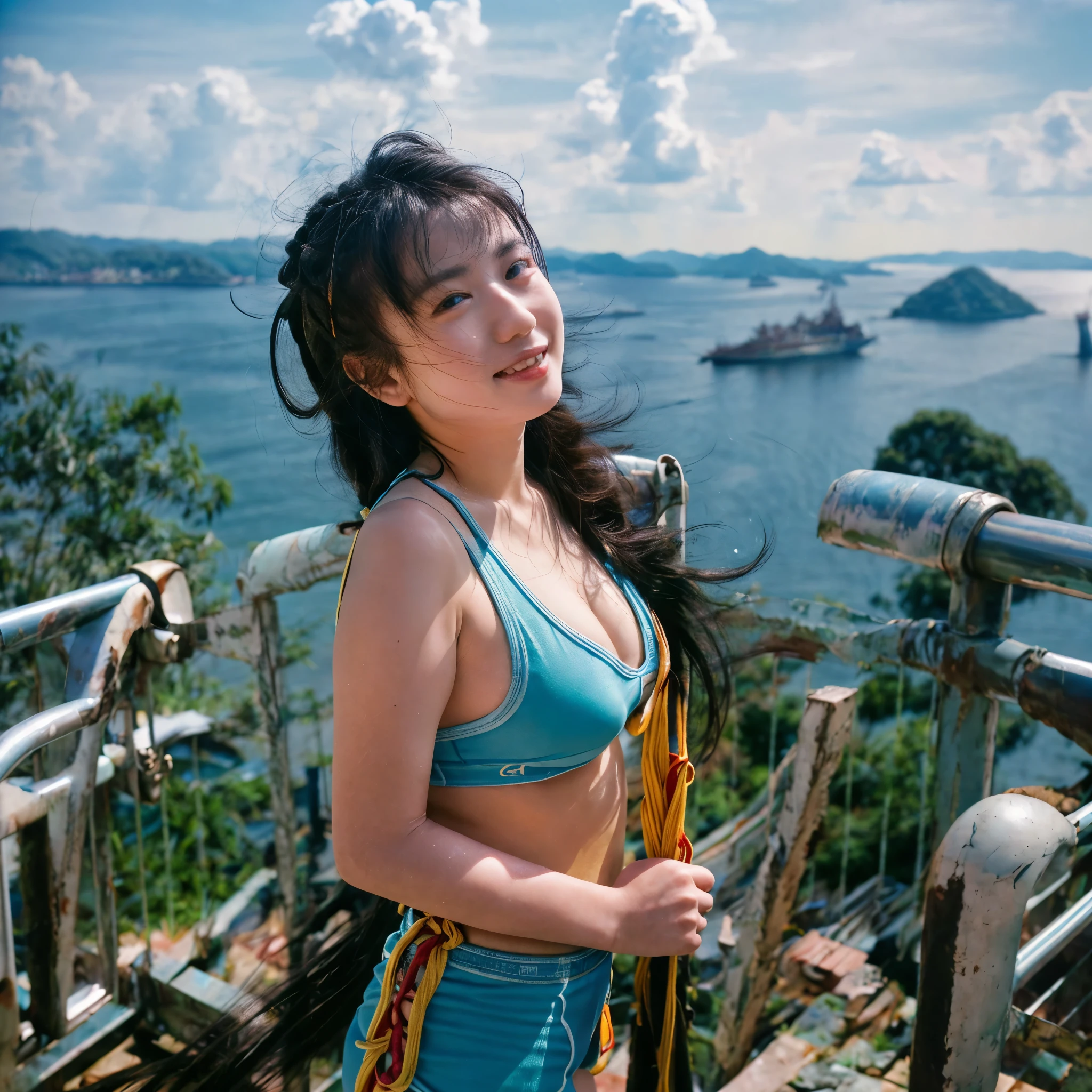 Identical twin sisters hugging、、,an(8K、Live Shooting、highest quality、masterpiece:1.2)、Super detailed、Super Resolution、(Hyper Reality、)Super detailed、Super Resolution、(Real、Actual Photos:1.47)、 exhilarating roofsuperior selfie of a confident woman with black hair in a long,She is beaming as she looks out over the city below.. This high angle,Fisheye shot of her in her climbing outfit、Emphasizing the spaghetti straps superior,Climbing Pants,A glimpse of the distant sea、This aerial portrait is complete..,