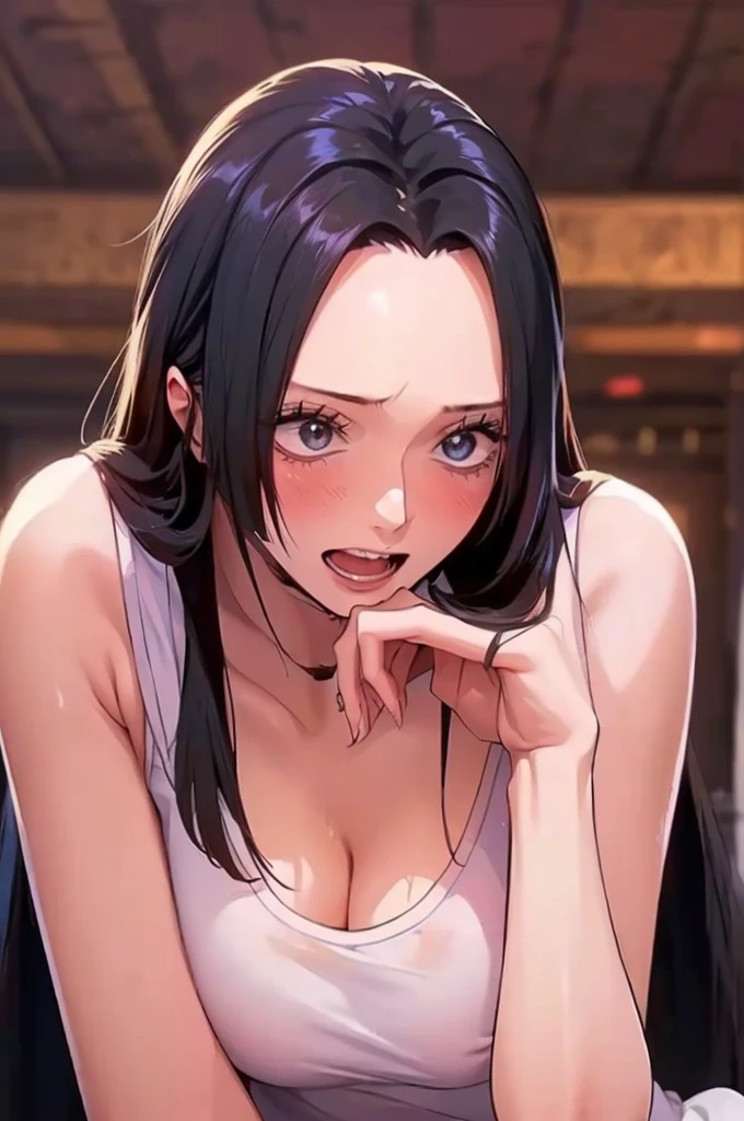 best quality, masterpiece, highly detailed,1girl, Boa Hancock, , (masterpiece:1.5), Detailed Photo, Smiling, Sexy, (8K, Best Quality: 1.4), (1girl), Beautiful Face, (anime realistic Face), (Black Hair, long Hair: 1.3), Beautiful Hairstyle, Realistic eyes, beautiful detail eyes, (white skin), beautiful skin, absurd, attractive, ultra high resolution, ultra realistic, high definition, golden ratio, (sexually aroused:1.5), Pinkish white skin, cool white light, sexy pose, Beautiful , white background, pink soft white light, Wear a white tank top