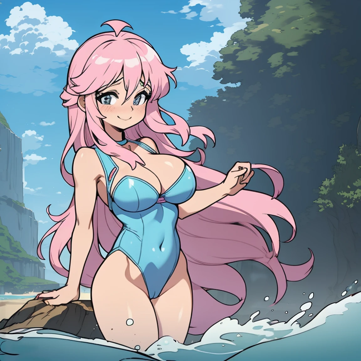 (masterpiece, best quality:1.2), cowboy shot, (solo), (1girl):1.5, glasses, long fluffy pink hair, hair blowing, gorgeous body, wide hips, slight smile, ((very sexy and transparent (blue leotard)) with exposed navel), musculous belly, gorgeous huge breasts, ((pink breasts niples) under very transparent blue leotard), (cameltoe), in front a waterfall in a windy beach, view form sea to beach.