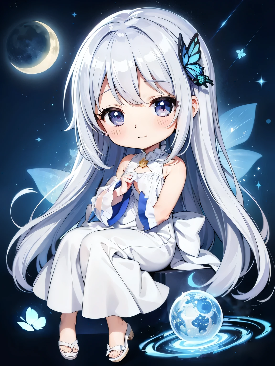 Chibichara White long dress、Shining starry sky with moon(picture)、blue Moon、The air is shining、Long and silver hair((Chibi Character))、Gentle smile、fluffy、With a girl、Chibi Character、butterfly々Friend of、Whole Body Ezbian、Silver Hair、highest quality、Butterfly hair accessory、Looks sleepy