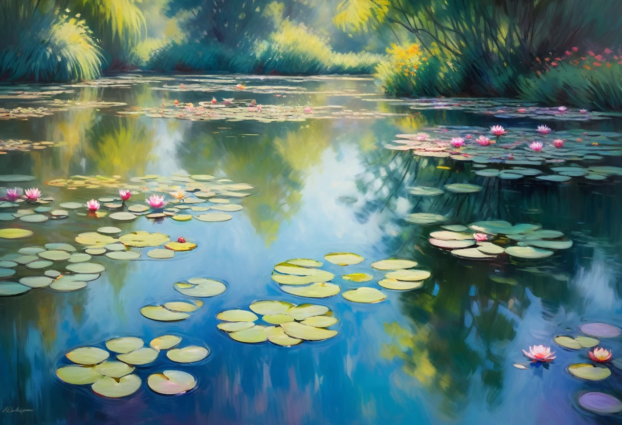 a serene, dreamy scene, (impressionistic) depiction, beautiful detailed brushstrokes, vibrant colors, soft pastel tones, subtle use of light and shadow, (Monet-inspired) water lilies, blooming flowers, tranquil pond, gently rippling water, (reflective) surface, (captivating) reflections, (botanical) garden, peaceful atmosphere, (classic) art, (masterpiece:1.2), (ultra-detailed) leaves and petals, (professional) composition, (attention to) fine details, (highres) visual, (physically-based rendering), (realistic) depiction, (sharp focus), (vivid colors), (bokeh).