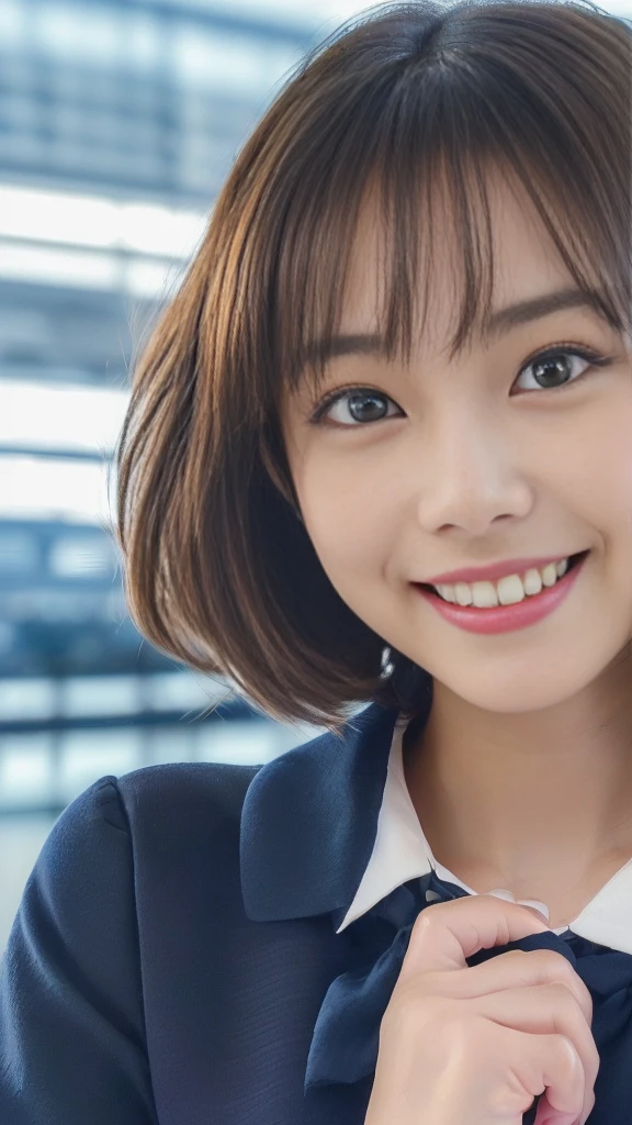 (anime,portrait,highly-detailed,photorealistic:1.2,best quality,4k,8k,highres,masterpiece:1.2), (ultra-detailed, realistic, photorealistic:1.37), (portrait of a young smiling Japanese girl with an innocent and super ultra cute expression, photorealistic style:1.2), (Close-up of her face:2.0).(Her eyes are perfect, clear and beautiful details:2.0), (her eyes are extremely enchanting:1.5), (her baby-like face is exquisitely detailed, showing every fine feature:1.5), (She has a short hair:1.5), (neatly-styled hair enhances her charm:1.0), (She is a cabin attendant:2.0),(She is wearing a navy blue uniform:1.5), (looking both professional and captivating:1.5), (her radiant smile exudes joy and warmth:1.5), (the sunlight gently illuminates her pretty face, casting a gentle and warm lighting:1.25), the colors are vibrant, enhancing the overall vibrancy of the portrait:1.0.(She is at the airport:2.0).(Concrete building as background:1.5)
