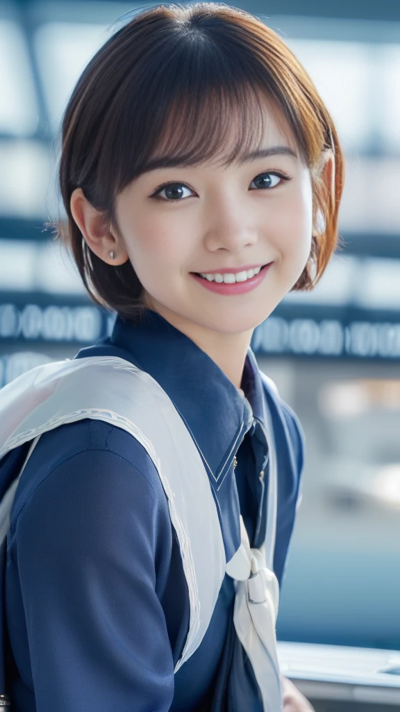 (anime,portrait,highly-detailed,photorealistic:1.2,best quality,4k,8k,highres,masterpiece:1.2), (ultra-detailed, realistic, photorealistic:1.37), (portrait of a young smiling Japanese girl with an innocent and super ultra cute expression, photorealistic style:1.2), (Close-up of her face:2.0).(Her eyes are perfect, clear and beautiful details:2.0), (her eyes are extremely enchanting:1.5), (her -like face is exquisitely detailed, showing every fine feature:1.5), (She has a short hair:1.5), (neatly-styled hair enhances her charm:1.0), (She is a cabin attendant:2.0),(She is wearing a navy blue uniform:1.5), (looking both professional and captivating:1.5), (her radiant smile exudes joy and warmth:1.5), (the sunlight gently illuminates her pretty face, casting a gentle and warm lighting:1.25), the colors are vibrant, enhancing the overall vibrancy of the portrait:1.0.(She is at the airport:2.0).(Concrete building as background:1.5)