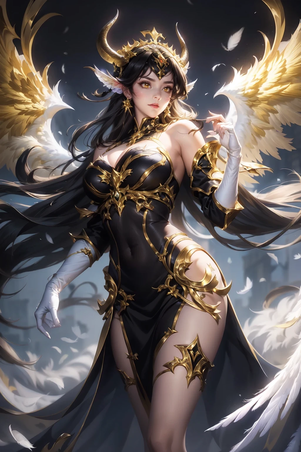 1girl, breasts, solo, horns, long hair, albedo (overlord), wings, large breasts, dress, hip vent, black wings, white gloves, gloves, looking at viewer, black hair, white dress, bare shoulders, hair between eyes, yellow eyes, feathered wings, demon horns, smile, feathers, demon girl, cleavage, slit pupils, detached collar, bangs, very long hair, closed mouth, black feathers, cowboy shot, covered navel, elbow gloves, white horns, standing, demon wings