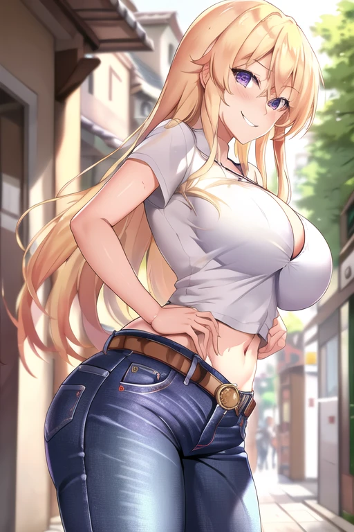 masterpiece, best quality, highres, nakiri erina, blonde hair, purple eyes, long hair, big breasts, cleveage, belt,  tight jeans pants, cowboy shot, standing, wet clothes,  looking at viewer, round buttucks, round ass,  city road, outdoor, modern city road, blush, shy, smile, show teeth, sexy pose, perfect hands, perfect simetry