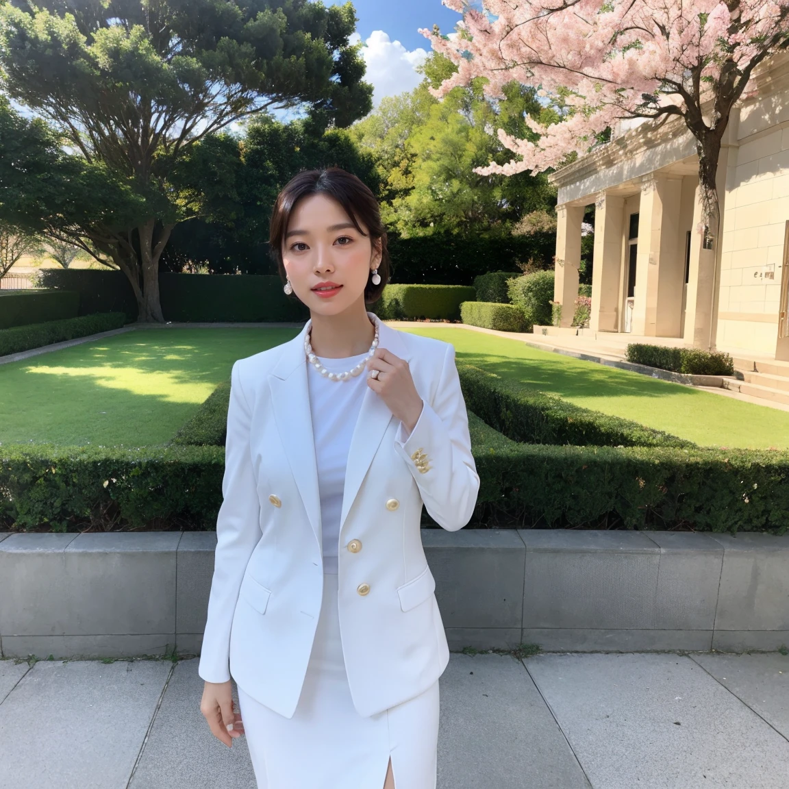 (masterpiece、highest quality、Best image quality、8k、Award-winning works)、(1 40 year old mature woman:1.2)、(Facial wrinkles:1.2)、(Very bright and beautiful skin:1.3)、(very bright and vivid:1.2)、The most beautiful smile looks at me、(White ceremonial suit:1.2)、(Long tight skirt:1.1)、(I have an elegant small plain luxury handbag.:1.1)、(A perfect and precise pearl necklace:1.2)、(classy chignon:1.1)、Perfect small gemstone earrings、(Beautiful and elegant hair accessories:1.1)、A corsage that fits perfectly on your chest、Big Breasts、Accentuate your body lines、Standing Elegantly、(The background is a rectangular school building with four floors:1.2)、(Modern 4-storey rectangular building:1.2)、(Reinforced concrete square school:1.2)、(Beautiful square window glass:1.1)、(A new and beautiful high school:1.1)、Sunny and beautiful sky、Clear, beautiful sky、Beautiful thunderclouds、(Fresh sunshine:1.1)、A perfect cherry blossom tree in the distance、Cherry trees in full bloom are lined up in an orderly fashion、Perfect Makeup、Bright lipstick、Upper body photo、Blurred Background、(Perfect Anatomy:1.1)、Ultra high definition beauty face、Ultra HD Hair、Ultra-high definition sparkling eyes、Ultra-high quality glossy lips