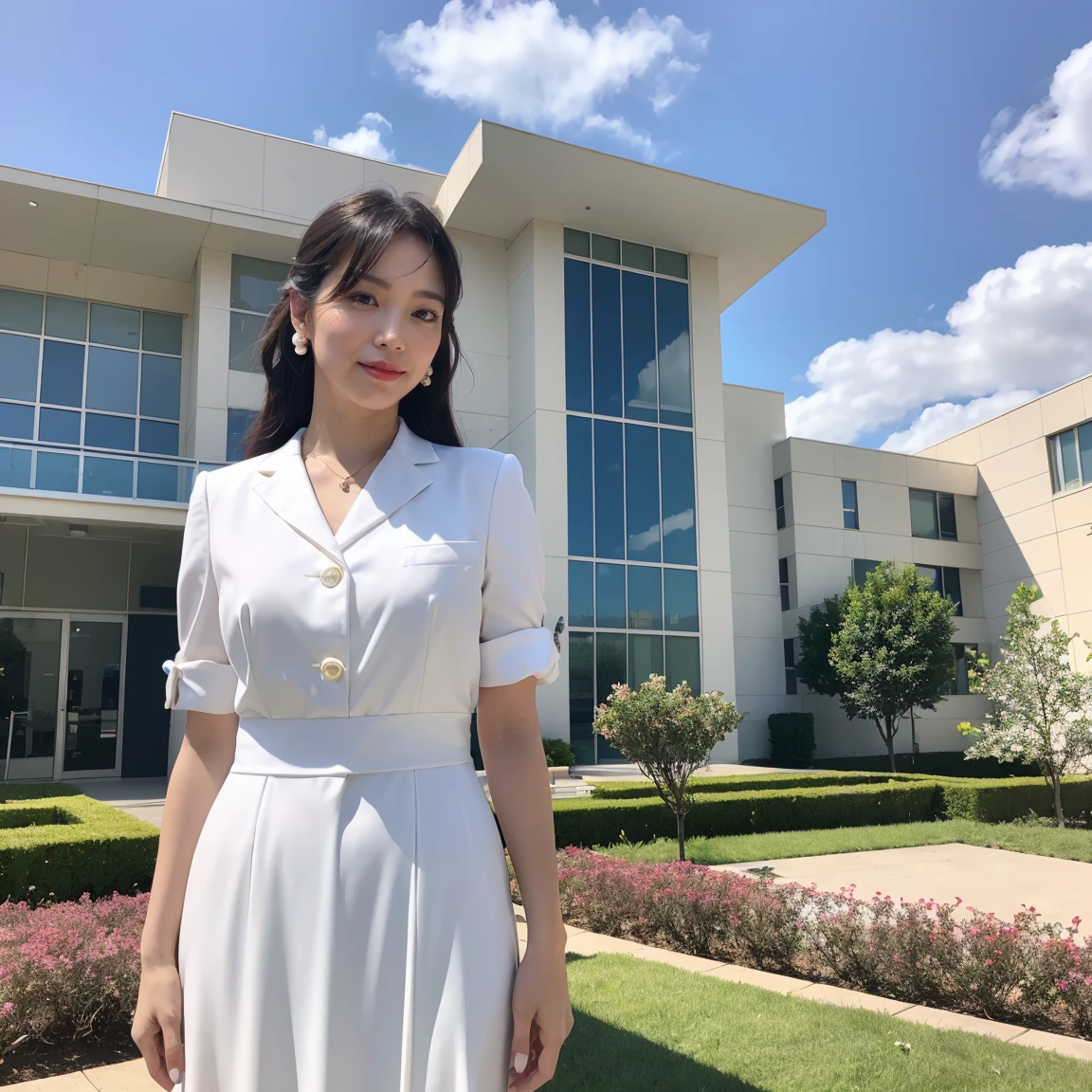 (masterpiece、highest quality、Best image quality、8k、Award-winning works)、(1 40 year old mature woman:1.2)、(Facial wrinkles:1.2)、(Very bright and beautiful skin:1.3)、(very bright and vivid:1.2)、The most beautiful smile looks at me、(White ceremonial suit:1.2)、(Long tight skirt:1.1)、(I have an elegant small plain luxury handbag.:1.1)、(A perfect and precise pearl necklace:1.2)、(classy chignon:1.1)、Perfect small gemstone earrings、(Beautiful and elegant hair accessories:1.1)、A corsage that fits perfectly on your chest、Big Breasts、Accentuate your body lines、Standing Elegantly、(The background is a rectangular school building with four floors:1.2)、(Modern 4-storey rectangular building:1.2)、(Reinforced concrete square school:1.2)、(Beautiful square window glass:1.1)、(A new and beautiful high school:1.1)、Sunny and beautiful sky、Clear, beautiful sky、Beautiful thunderclouds、(Fresh sunshine:1.1)、A perfect cherry blossom tree in the distance、Cherry trees in full bloom are lined up in an orderly fashion、Perfect Makeup、Bright lipstick、Upper body photo、Blurred Background、(Perfect Anatomy:1.1)、Ultra high definition beauty face、Ultra HD Hair、Ultra-high definition sparkling eyes、Ultra-high quality glossy lips