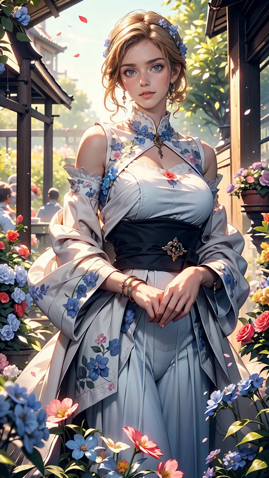 In the fragrant garden, Mature Caucasian woman standing with arms outstretched, Sexy nice body、While gently touching the petals of the flowers I met, A connection with nature and lovely blue flowers.