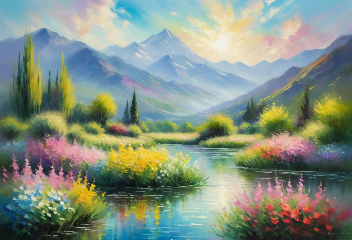 mountain landscape, Monet style, impressionistic brushstrokes, vibrant colors, reflective water, soft clouds, blooming flowers, peaceful atmosphere, shimmering sunlight, textured mountains, tranquil scene, natural beauty, serene setting, harmonious composition, dreamy ambiance, gentle breeze, play of light and shadow, lush foliage, distant horizon, picturesque scenery, inviting path, inviting exploration, disappearing edges, evokes emotions, captures fleeting moments, soothing hues, sublime experience, timeless masterpiece, artistic interpretation.