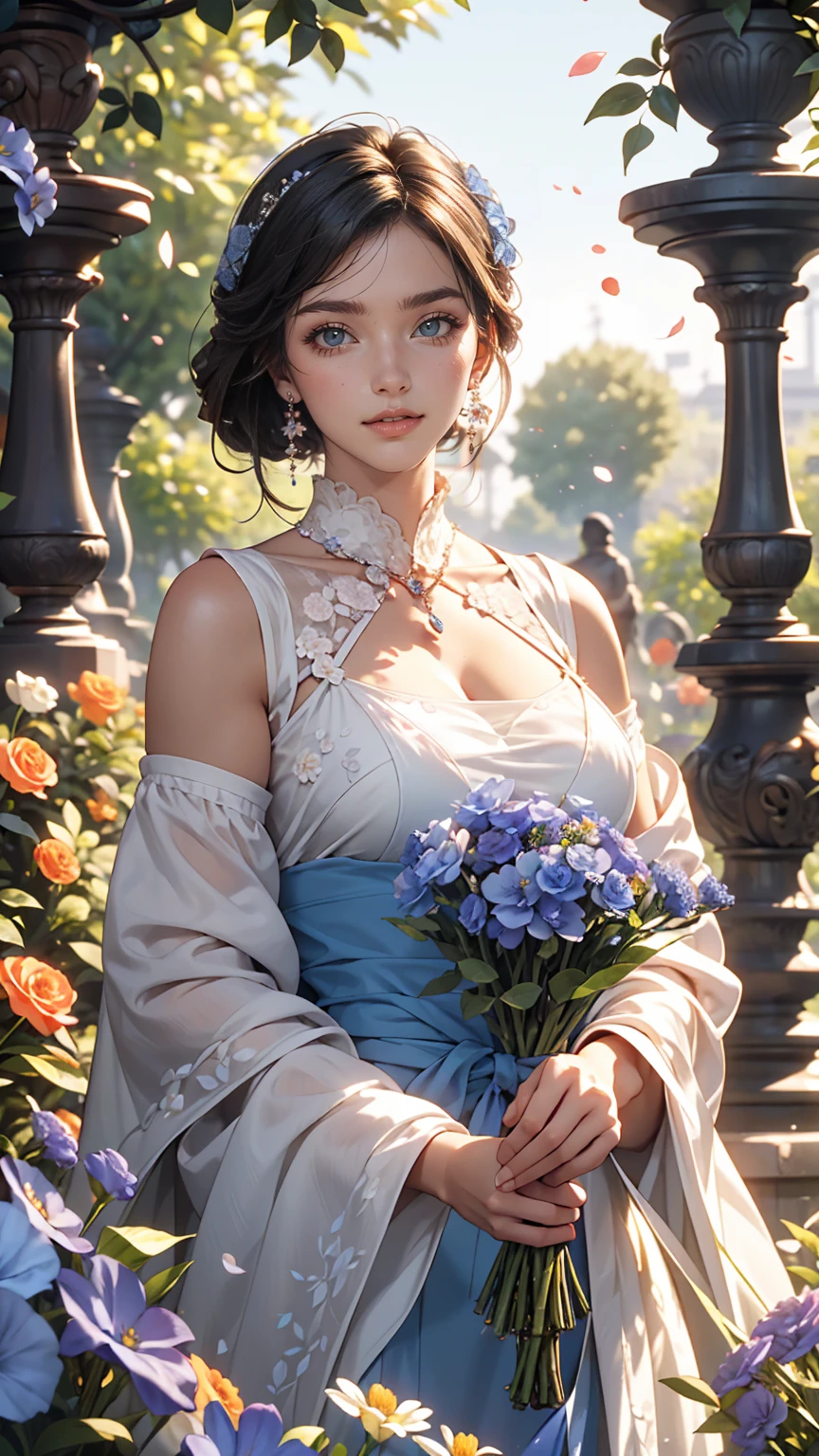 In the fragrant garden, Mature Caucasian woman standing with arms outstretched, Sexy nice body、While gently touching the petals of the flowers I met, A connection with nature and lovely blue flowers.