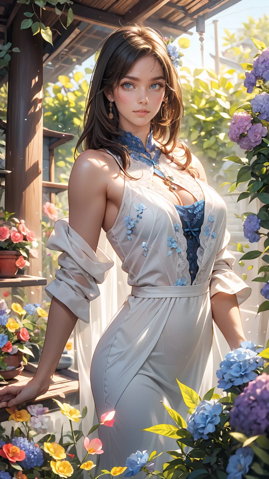 In the fragrant garden, Mature Caucasian woman standing with arms outstretched, Sexy nice body、While gently touching the petals of the flowers I met, A connection with nature and lovely blue flowers.