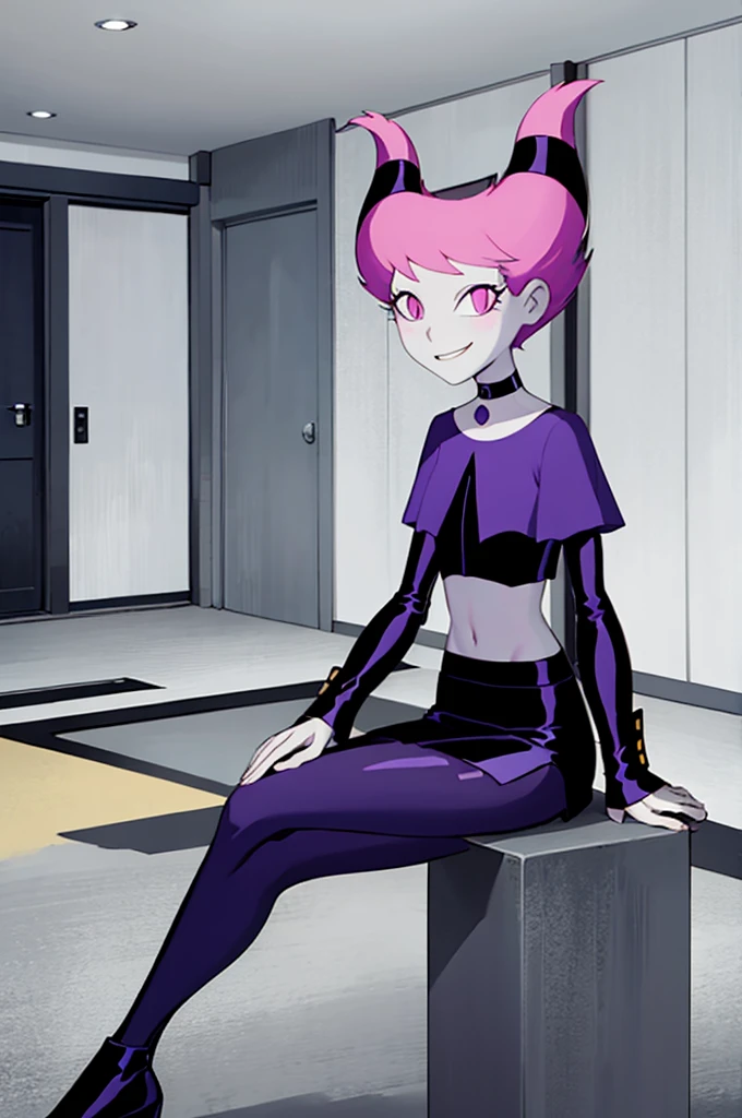 ((masterpiece,best quality)), absurdres, Jinx_TeenTitans,   1girl, solo, pink eyes, pink hair, grey skin, hair up, pale skin, medium hair, hair horns, solo, smiling, looking at viewer, cowboy shot, cheerleader,  crop top, midriff, miniskirt, locker room, locker, indoors, bench, sitting, crossed legs