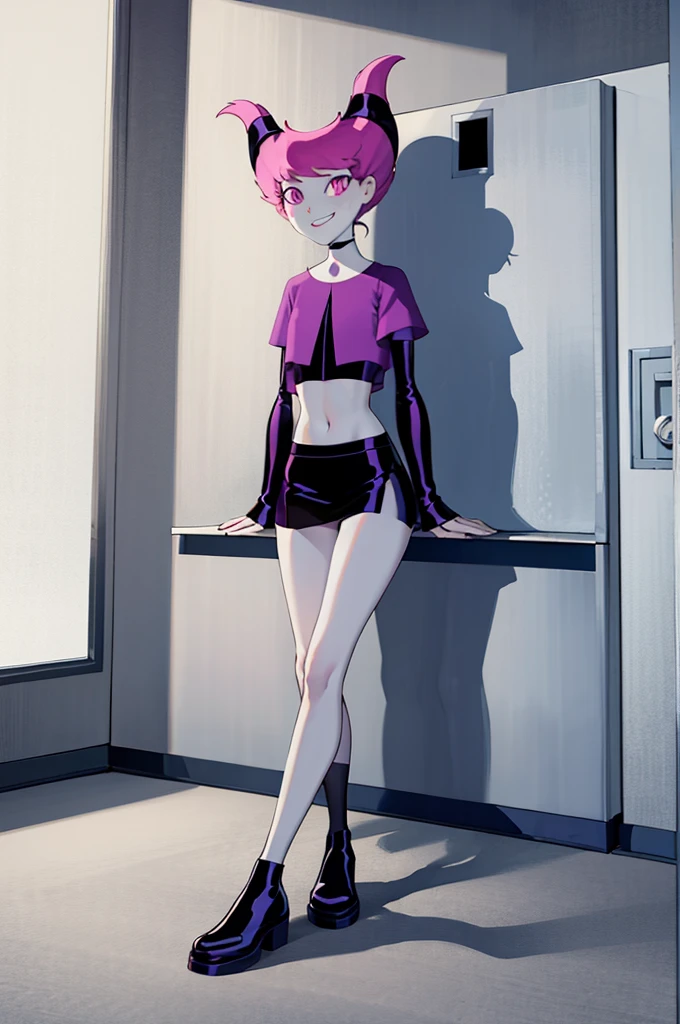 ((masterpiece,best quality)), absurdres, Jinx_TeenTitans,   1girl, solo, pink eyes, pink hair, grey skin, hair up, pale skin, medium hair, hair horns, solo, smiling, looking at viewer, cowboy shot, cheerleader,  crop top, midriff, miniskirt, locker room, locker, indoors, bench, sitting, crossed legs