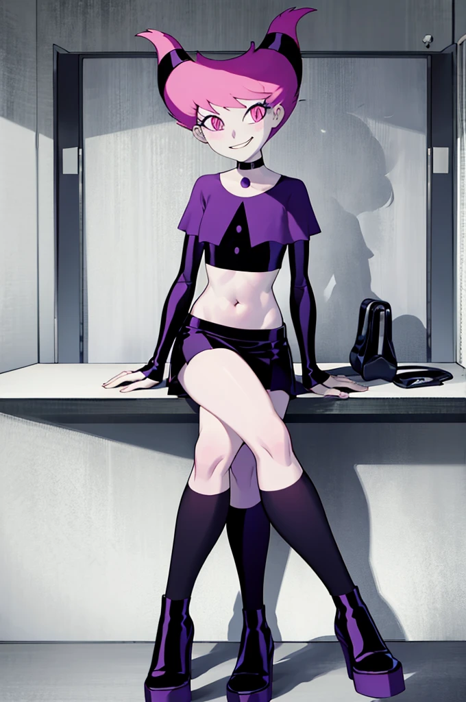 ((masterpiece,best quality)), absurdres, Jinx_TeenTitans,   1girl, solo, pink eyes, pink hair, grey skin, hair up, pale skin, medium hair, hair horns, solo, smiling, looking at viewer, cowboy shot, cheerleader,  crop top, midriff, miniskirt, locker room, locker, indoors, bench, sitting, crossed legs