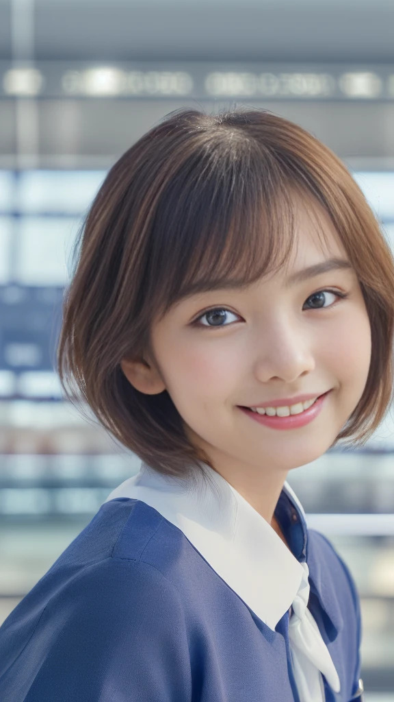 (anime,portrait,highly-detailed,photorealistic:1.2,best quality,4k,8k,highres,masterpiece:1.2), (ultra-detailed, realistic, photorealistic:1.37), (portrait of a young smiling Japanese girl with an innocent and super ultra cute expression, photorealistic style:1.2), (Close-up of her face:2.0),(Her eyes are perfect, clear and beautiful details:2.0), (her eyes are extremely enchanting:1.5), (her -like face is exquisitely detailed, showing every fine feature:1.5), (She has short hair:1.5), (neatly-styled hair enhances her charm:1.0), (She is a Cabin Attendant:2.0),(She is wearing a navy blue uniform:1.5), (looking both professional and captivating:1.5), (her radiant 愛くるしいsmile exudes joy and warmth:1.5), (the sunlight gently illuminates her pretty face, casting a gentle and warm lighting:1.25), the colors are vibrant, enhancing the overall vibrancy of the portrait:1.0.(She is at the airport:2.0).(Concrete building as a background:1.5)
