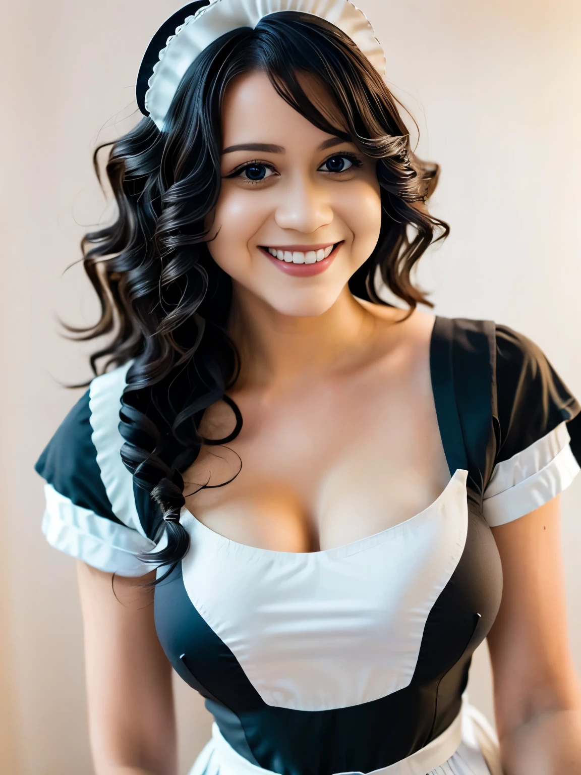 ((beautiful maid:1.5),high resolution, top quality),wearing maid's uniform,soft hands, big bright eyes, dark and vibrant curled hair, sweet smile, rosy cheeks, soft light, pure white background.  