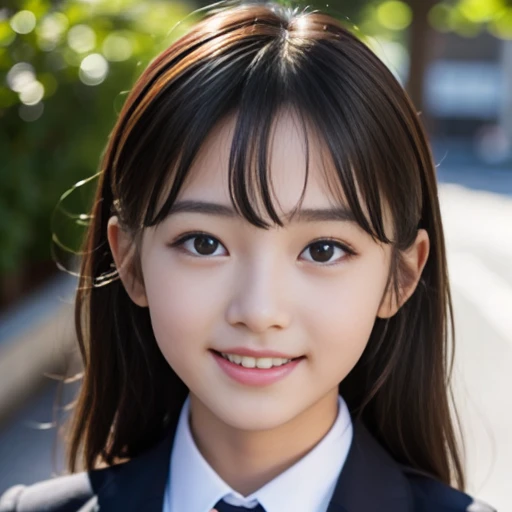 Cute 15 year old Japanese、On the road、Highly detailed face、Pay attention to the details、double eyelid、Beautiful thin nose、Sharp focus:1.2、Beautiful woman:1.4、Align your bangs、Pure white skin、highest quality、masterpiece、Ultra-high resolution、(Realistic:1.4)、Highly detailed and professional lighting、nice smile、Japanese school girl uniform