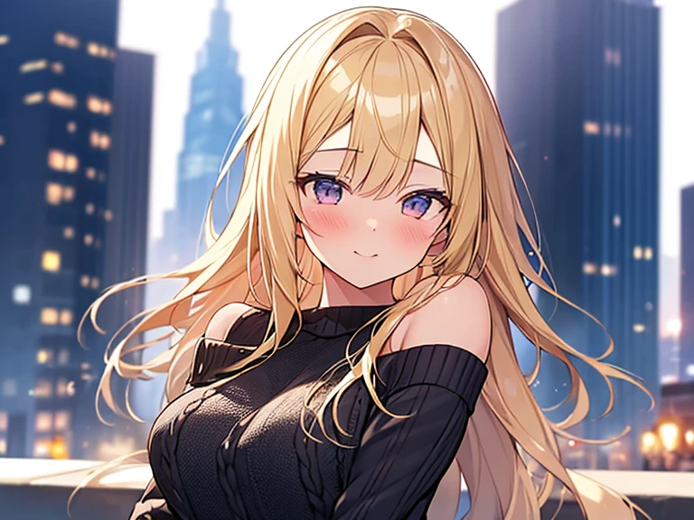 Masterpiece, Top quality, (1 beautiful girl:1.2), Blonde, diagonal bangs, forehead, medium hair, straight hair, 25 year old, standard weight, medium breasts, off shoulder sweater, (happy:1.2), blush, beautiful scene of city, blurry background, magnificent panorama view, dynamic pose