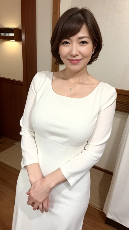 最high quality, 8k, Vibrant, Sharp focus, high quality, High resolution, Middle-aged women, Mature Woman, 45 years old, (Whole Body Ezbian), (High heels face detail, Highly detailed eyes, Plump figure、Plump face、((big 1.6))、(((Big Breasts)))、((White Dress))、Love hotel room、Random Hairstyles、A kind smile、Full body image


