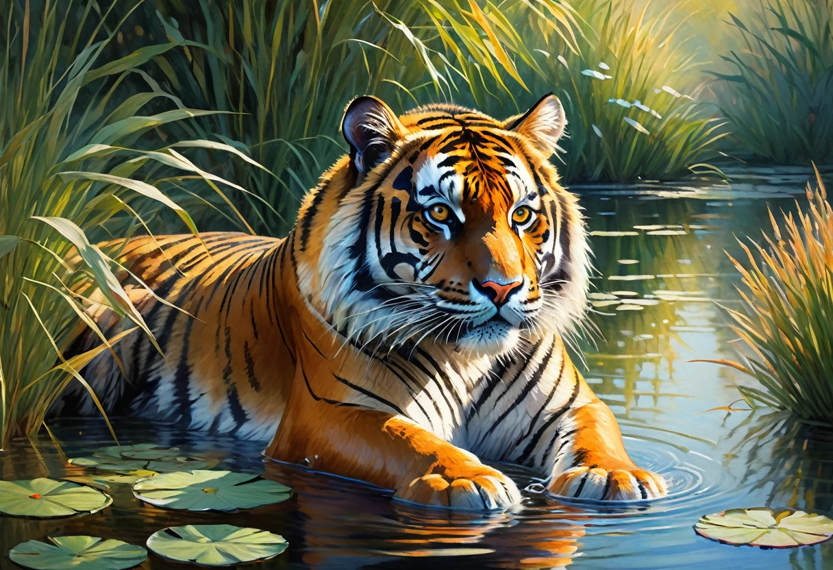 best quality,4k,8k,highres,masterpiece:1.2,ultra-detailed,realistic:1.37,portrait of a tiger,beautiful detailed eyes,beautiful detailed fur stripes,vivid colors,impressionist style,landscape painting style,Claude Monet style,water lilies,water reflections,dappled sunlight,subtle brushstrokes,soft pastel colors,ethereal atmosphere,natural environment,tall grasses and reeds,serene and peaceful setting,tiger gazing into the distance,graceful and powerful posture,splashes of vibrant oranges and yellows,sunlight filtering through the foliage,soft and dreamlike textures,play of light and shadow,peaceful coexistence between nature and wildlife,sense of calm and tranquility,meticulously captured details of tiger's features,subtle variations of color and tone,impressionistic interpretation of the tiger's natural habitat