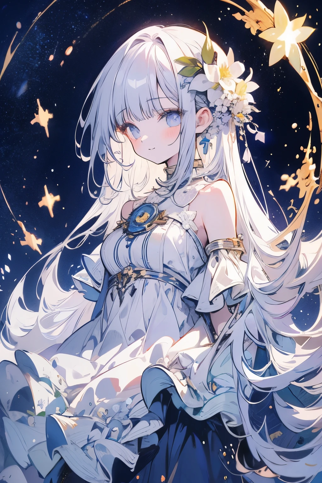 background, fantasy, excellent, fantasy, forest, masterpiece, best quality, Ultra-high resolution, detailed illustration, portrait, detailed, 1Girl standing in the starry night sky and the Milky Way， village, Solitary, , skirt, flower, White smile, whole body, white flower, Bare shoulders, very 