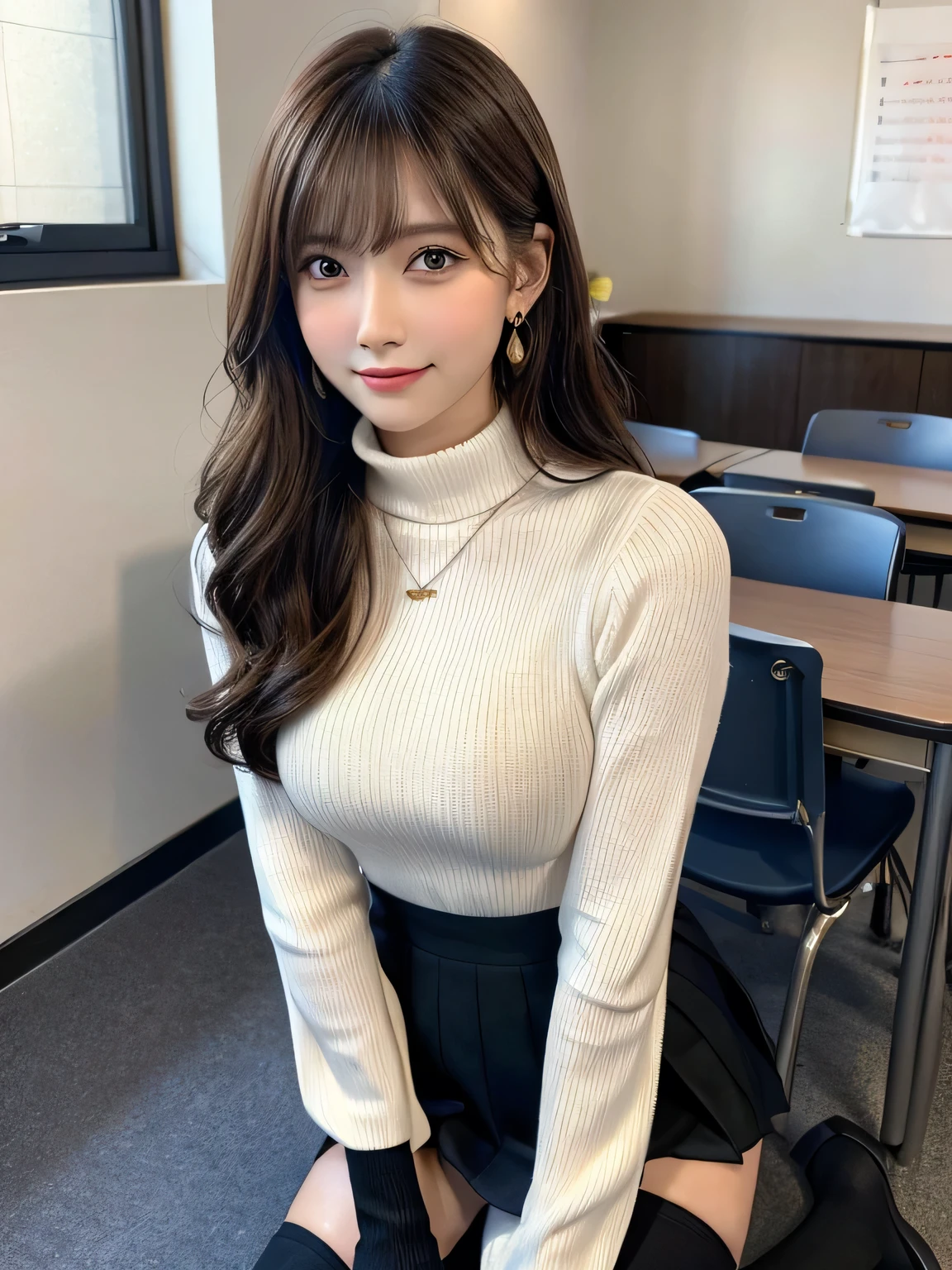 (Tabletop, highest quality, High resolution, , Pixel perfect, 4K,), 1 girl, single, alone, Beautiful woman、I could see the whole body、 ((Wavy mid-length hair, bangs, Brown Hair)), ((Brown eyes, Beautiful eyelashes, Realistic eyes)), ((Detailed face, blush:1.2)), ((Smooth texture:0.75, Realistic texture:0.65, Realistic:1.1, Anime CG Style)), Mid-chest, Dynamic Angle, Perfect body, ((, female teacher, , Earrings、necklace、White turtleneck sweater、black long flare skirt、Black knee-high stockings、Spread your legs wide、、A shy smile、sit at a desk in the classroom、Touch your breasts with both hands)), Excellent、、、evening、、(、、、Angle from below)、