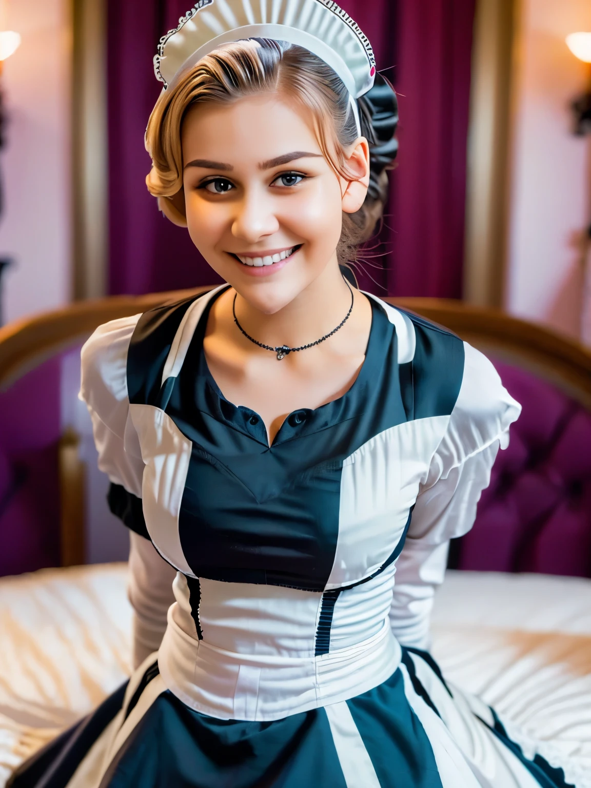 ((beautiful maid:1.5),high resolution, top quality),wearing maid's uniform,soft hands, big bright eyes, dark and vibrant curled hair, sweet smile, rosy cheeks, soft light, pure white background.