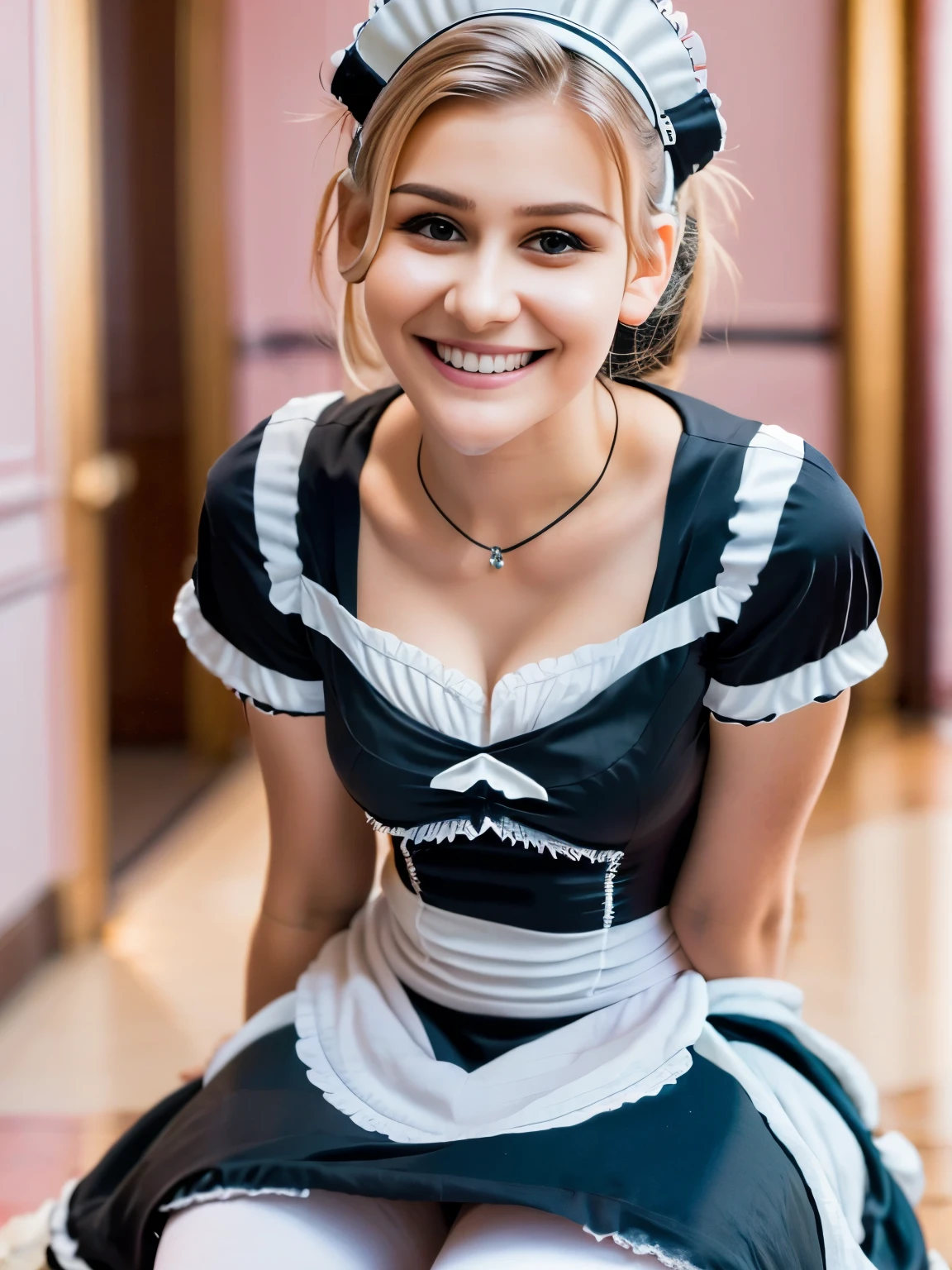 ((beautiful maid:1.5),high resolution, top quality),wearing maid's uniform,soft hands, big bright eyes, dark and vibrant curled hair, sweet smile, rosy cheeks, soft light, pure white background.  