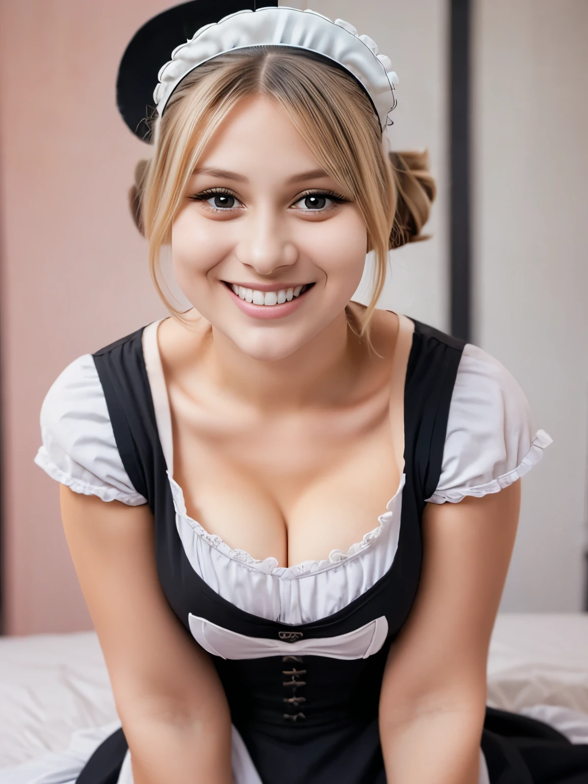 ((beautiful maid:1.5),high resolution, top quality),wearing maid's uniform,soft hands, big bright eyes, dark and vibrant curled hair, sweet smile, rosy cheeks, soft light, pure white background.  