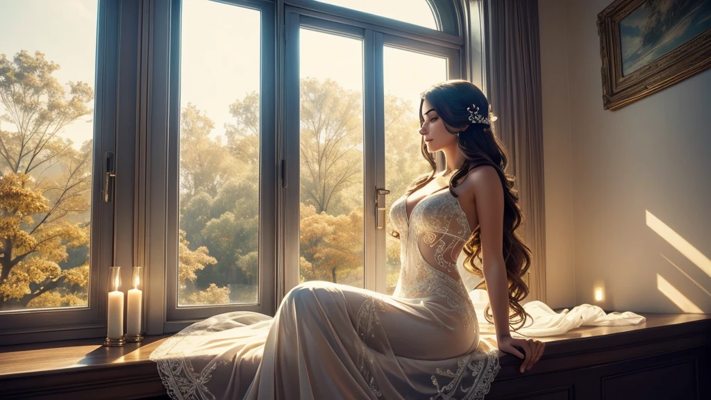 "beautiful detailed eyes, beautiful detailed lips, extremely detailed eyes and face, long eyelashes, soft and flowing hair, elegant pose, serene expression, vibrant colors, realistic lighting, intricate jewelry, graceful movement, dreamlike atmosphere, mesmerizing beauty, enchanting backdrop, ethereal ambiance, intricate lace details, delicate embroidery, exquisite craftsmanship, captivating elegance, enchanting whimsy, delicate fabrics, play of light and shadows", standing on the window sill, from below, back turned