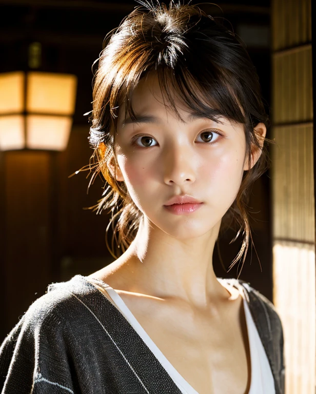 Cinematic Photo of a beautiful korean fashion model, 20 years old, perfect body, perfect skin, delicate face, fair eyes, good posture, japan ryokan setting, wearing japan yukata, sunlight