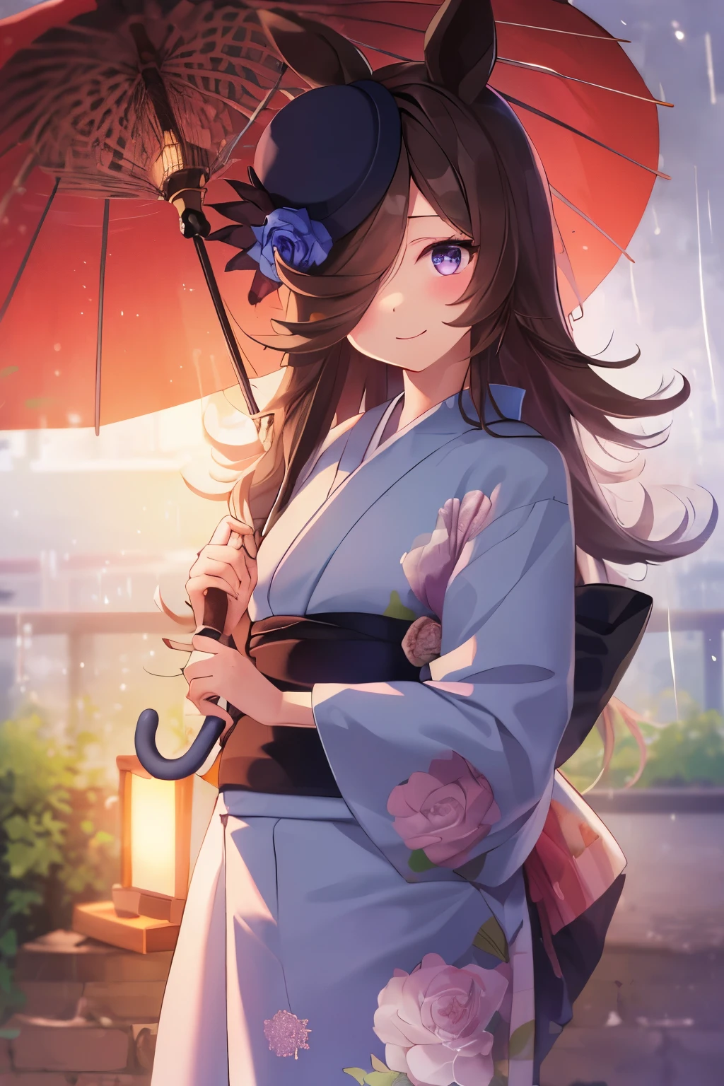 (Tabletop.highest quality).(Dynamic Angle). (CG paintings with attention to detail),(Perfect image)、Comic Strip.shape.1 girl.Detailed face、Perfect Face.Delicate face、Cute and delicate girl in kimono、Rough skin、Black Hair.length、(Umamimi Girl)Umamimi Girl、((Beautiful Blue Eyes)).繊細でBeautiful Eyes、Beautiful Eyes、Reflected Eyes、smile.(Looking at the audience:1.3).(Face is a little red:0.8)、8k wallpaper、Cowboy Shot、reflected light、Most detailed、Complex、((Delicate rain background、season summer、night))、Rough skin、Fine skin、(Super Resolution)、((Cute girl in Japanese clothes))、((Holding a red Japanese umbrella))