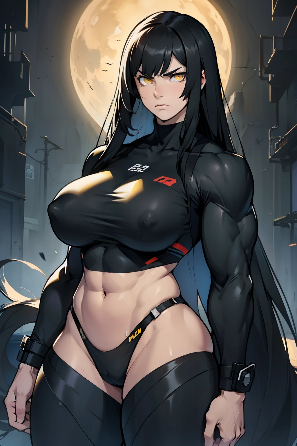 huge muscles huge breasts huge thighs pale skin black hair yellow eyes very long hair muscular girl sad frown expressionless