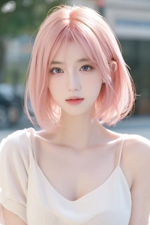 Young girl, upper body, masterpiece, highest quality, 8k ultra, cute but icy red eyes, beautiful peach lips, very detailed face and skin, pink hair, wolf cut hairstyle, no smile, 