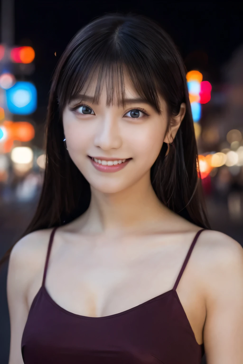 8k, masterpiece, Photo guy, highest quality, Photorealistic, (Close-up shot:1.2), 
Highly detailed CG Unity 8k wallpaper, Depth of written boundary, Cinematic Light, Lens flare, Ray Tracing, 
(Very beautiful face, Nice lips, Beautiful Eyes), Exquisitely detailed face, ((Highly detailed skin)), 
1 Girl, Cute Japanese Girl, Idol, 1 girl, 
(Very lean and muscular body:1.3), ((Look at the viewers)),(Serious smile:1.3), 
(City Night, Black Night, (Neon Signs), (Blurred Background)),(No people in the background:1.3), 
Beautiful earrings, bracelet, Bright Eyes, walk, 
(Pale-skinned), (Big eyes), Look forward, ((Deep red:1.1)), 
(Look at the viewers:1.3), Very slim, Average chest