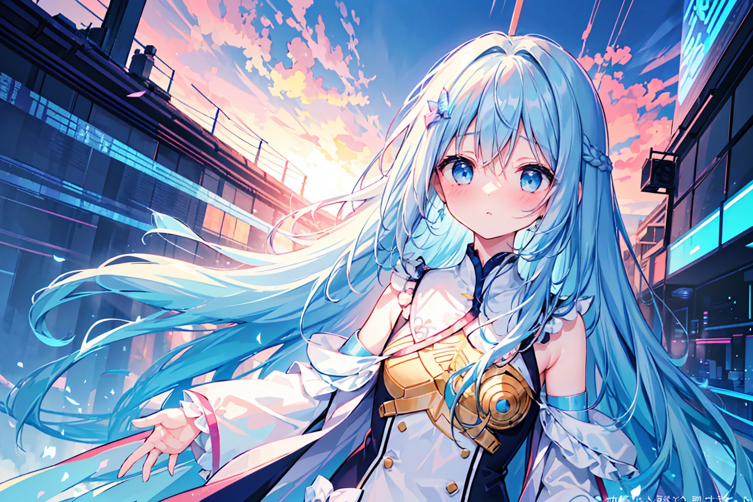 masterpiece, best quality, extremely detailed, (illustration, official art:1.1), 1 girl ,(((( light blue long hair)))), ,(((( light blue long hair)))),light blue hair, ,, long hair ((blush)) , cute face, big eyes, masterpiece, best quality,(((((a very delicate and beautiful girl))))),Amazing,beautiful detailed eyes,blunt bangs((((little delicate girl)))),tareme(true beautiful:1.2), sense of depth,dynamic angle,,,An expansive cyberpunk landscape set in South Korea，There are flying cars and neon lights, In shades of pink, Blue and red, Aim for a《bladerunner》《Fantasma na Concha》style of
