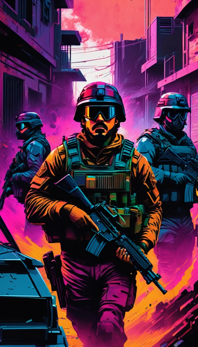 A gritty, kinetic depiction of a special forces operation storming Pablo Escobar's notorious hideout. Gunfire erupts as shadowy figures move in precision, their faces obscured by tactical masks. A tense, chaotic scene unfolds with sharp, angular lines and a moody color palette inspired by Darksynth aesthetics.