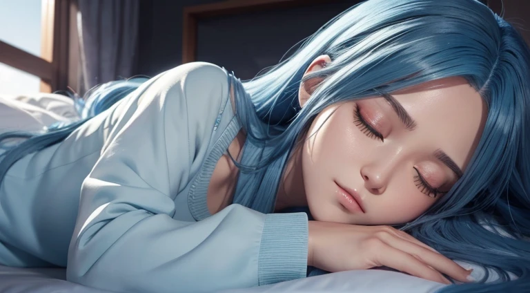 (highest quality: 0.8), (highest quality: 0.8), Perfect anime illustration very long blue hair,, Calm loungewear、Ultra detailed ultra detailed face、Bright Eyeilky Way、Incredible 4k full HD、Lying in bed sleeping, Sleeping with eyes closed,Dim lighting