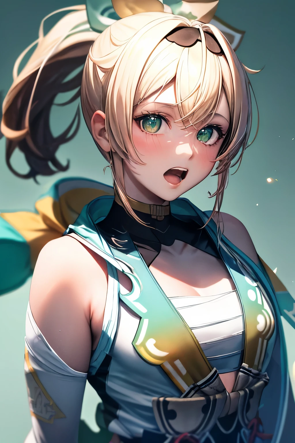 Upper Body, One girl, (Ninja), dagger, Large Breasts, blush, Exposing shoulders, scarf, wallpaper, Particles of light, (anime, Tone Map:1.2), One, White baseball uniform, Open your mouth, Green background, View Viewer, shirt, baseball Ground, Upper Body, (Symmetric), (Exceptional, Best aesthetics, new, newest, Very detailed:1.2), highest quality, masterpiece