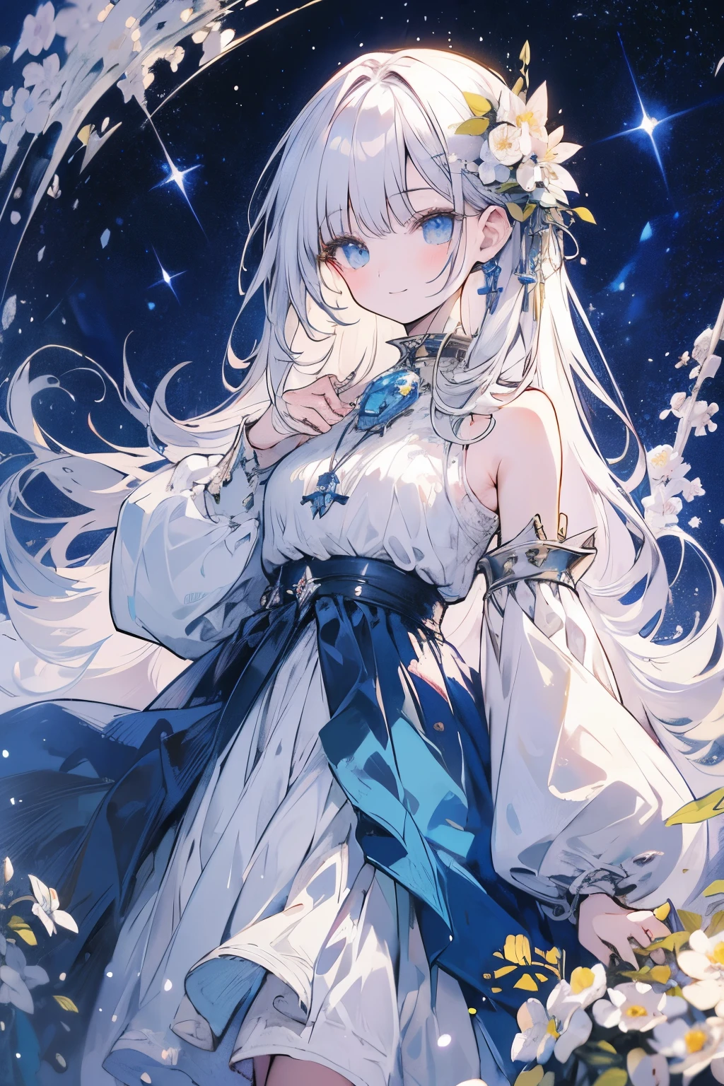 background, fantasy, excellent, fantasy, forest, masterpiece, best quality, Ultra-high resolution, detailed illustration, portrait, detailed, 1Girl standing in the starry night sky and the Milky Way, village, Solitary, , skirt, flower, White smile, whole body, white flower, Bare shoulders, very
