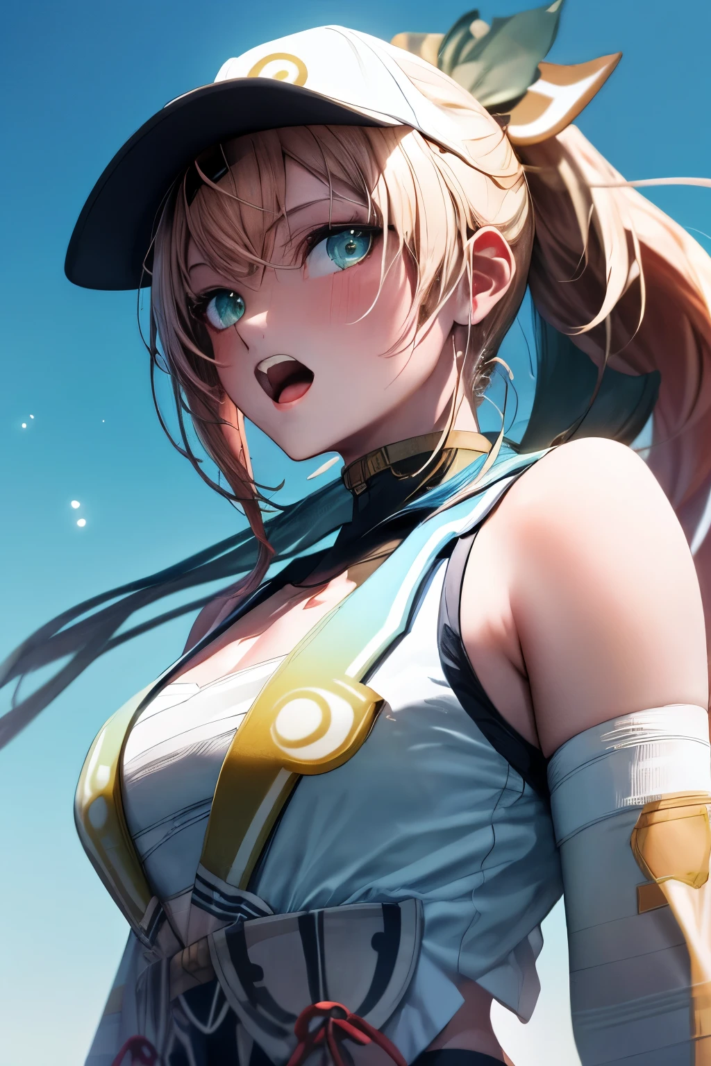 Upper Body, One girl, Long Hair, (Ninja), dagger, Large Breasts, blush, Exposing shoulders, scarf, wallpaper, Particles of light, (anime, Tone Map:1.2), Deep blue baseball cap, White baseball uniform, Open your mouth, Green background, View Viewer, shirt, baseball Ground, Upper Body, (Symmetric), (Exceptional, Best aesthetics, new, newest, Very detailed:1.2), highest quality, masterpiece