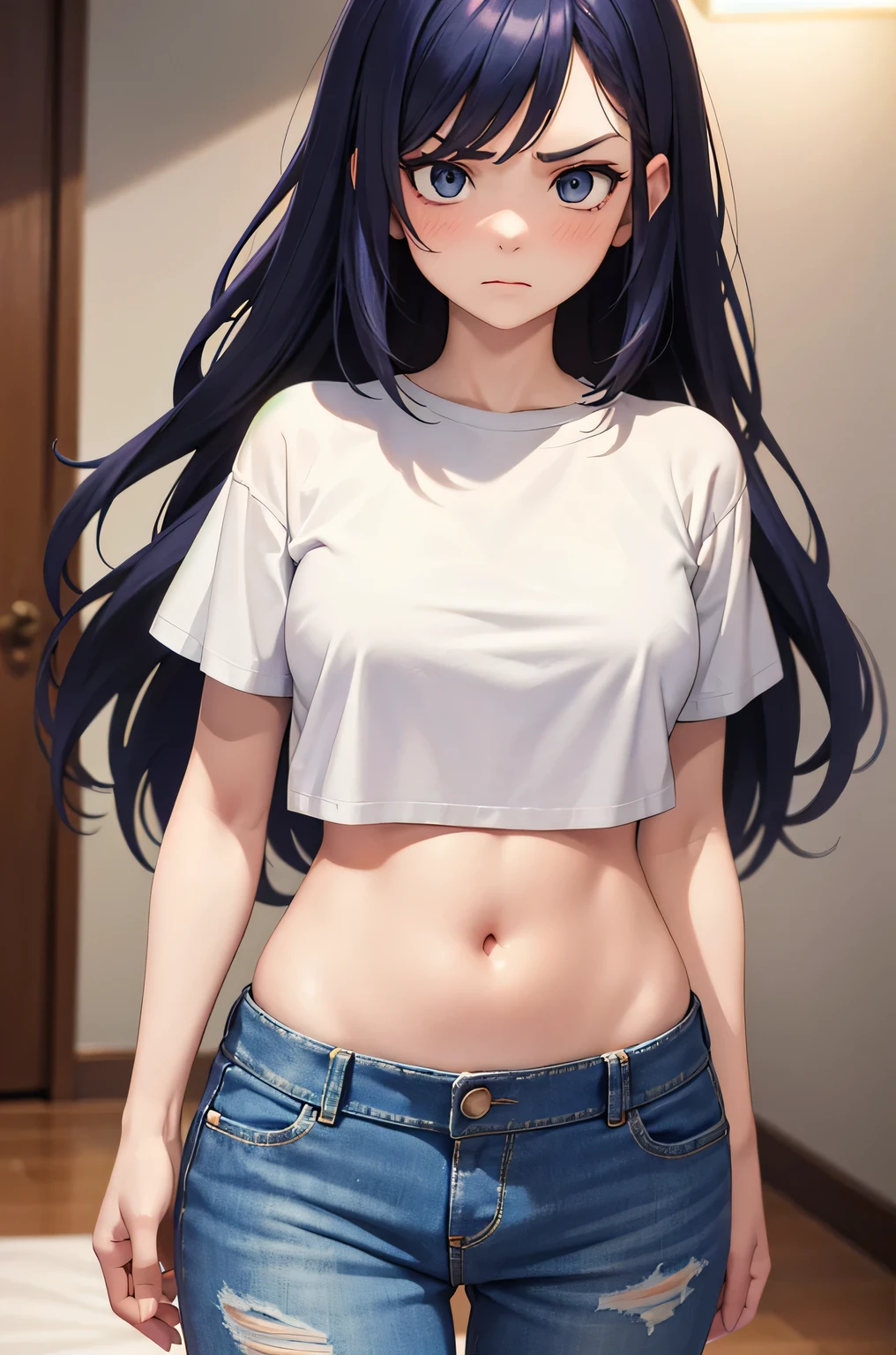 super fine illustration, vibrant colors, masterpiece, sharp focus, best quality, depth of field, cinematic lighting, ultra detailed, short sleeves, t shirt, straight long skirt, belly button, midriff, hips, 1 woman, home, solo, milf, long hair, slender, blush, annoyed, casual, mature female, tall body, looking down, medium breasts