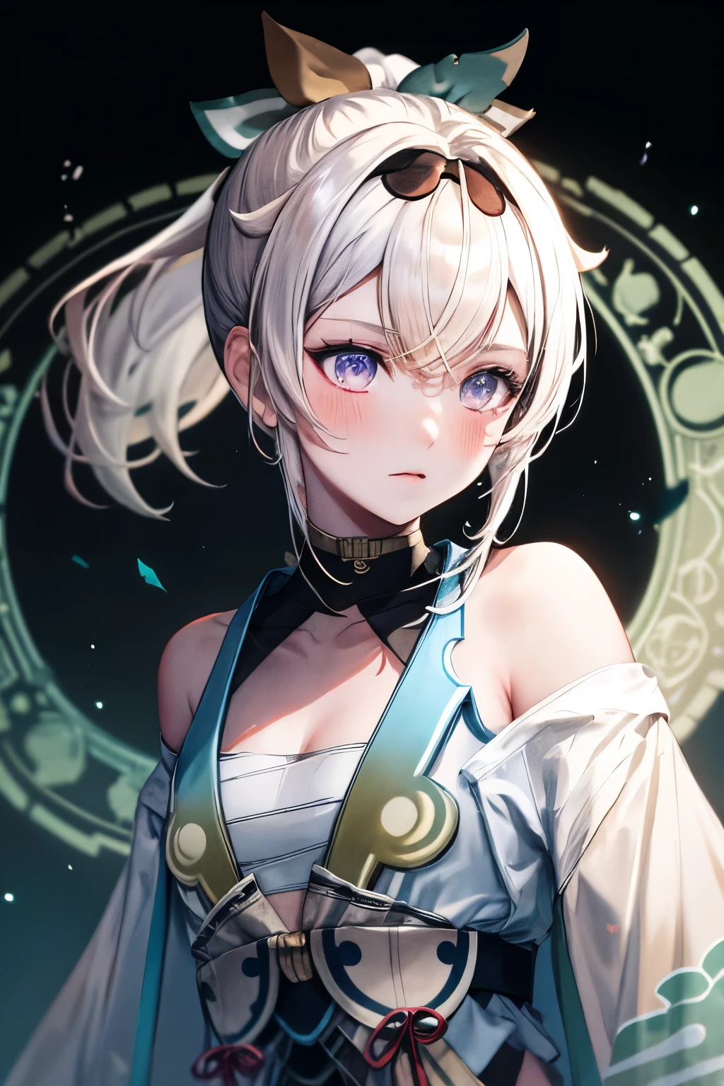 Upper Body, One girl, Gray Hair, ponytail, Purple eyes, (Ninja), dagger, Medium Breasted , blush, Exposing shoulders, scarf, wallpaper, magic circle background, Particles of light, Blue Fire,