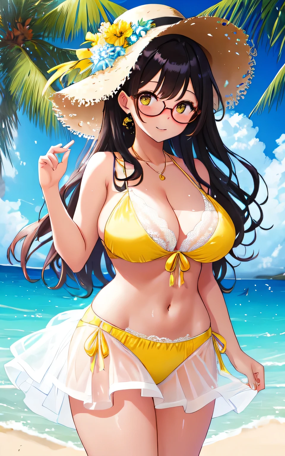 A with big breasts, plump figure, round, dressed in a baby yellow wedding dress, lace bikini, bikini with lace cutouts, on the beach, glasses and wearing a thin tulle