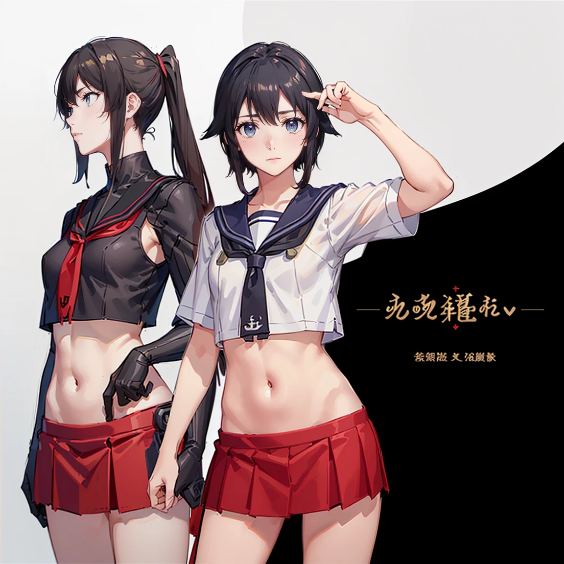 (( Fleet Collection、Kantai Collection、Yao、standing,multiple views、)),((Sailor suit、belly button、,Red plate skirt))、woman,Full body photo, ((white background. White bed in a love hotel))) Best image quality, high quality, The background is clear，きれいなwoman, Japanese, detailed, detailed eyes, detailed skin, Beautiful Skin, 超High resolution, (reality: 1.4),とても美しいwoman, A little younger face, Beautiful Skin, thin, (Ultra-photorealism), (High resolution), (8k), (非常にdetailed) (Beautiful and detailed eyes), (非常にdetailed), (detailed face), Displaying the viewer, Fine details, detailed face, smile,Staring straight ahead, Staring straight ahead, Photo Real, Baby Face,Hairstyle: short hair,Brown Hair、smile,(((Sailor suit、belly button、,Red short skirt)))(Gaunt, Skinny,)(((Gaunt, flat chest, ,)))(,))hair over one eye, from below,　(((Fleet Collection、Kantai Collection、Yao、standing,multiple views,)))