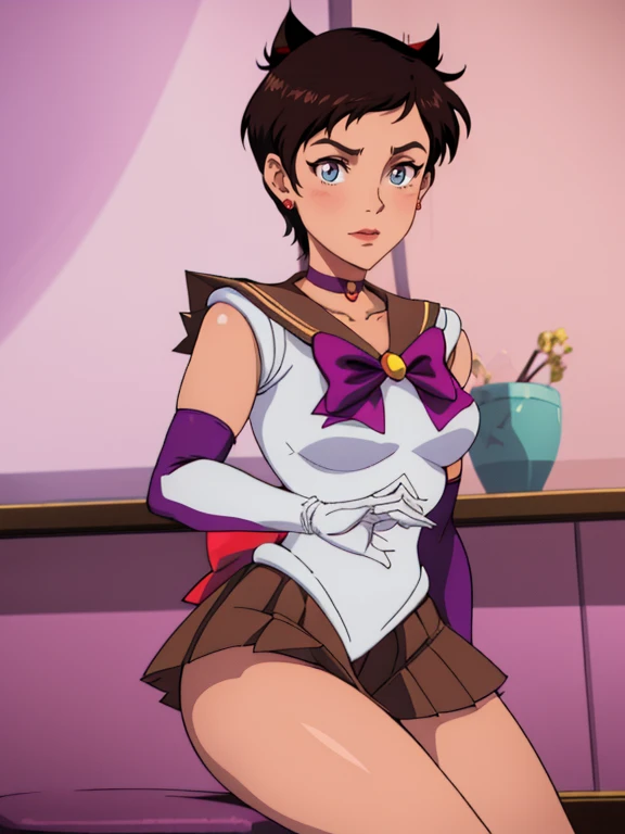 1girl ,lois lane, tan ,short hair ,brown eyes, black hair, sailor moon outfit, purple skirt, elbow gloves, tiara, purple sailor collar, red bow, purple choker, white gloves, jewelry, smile