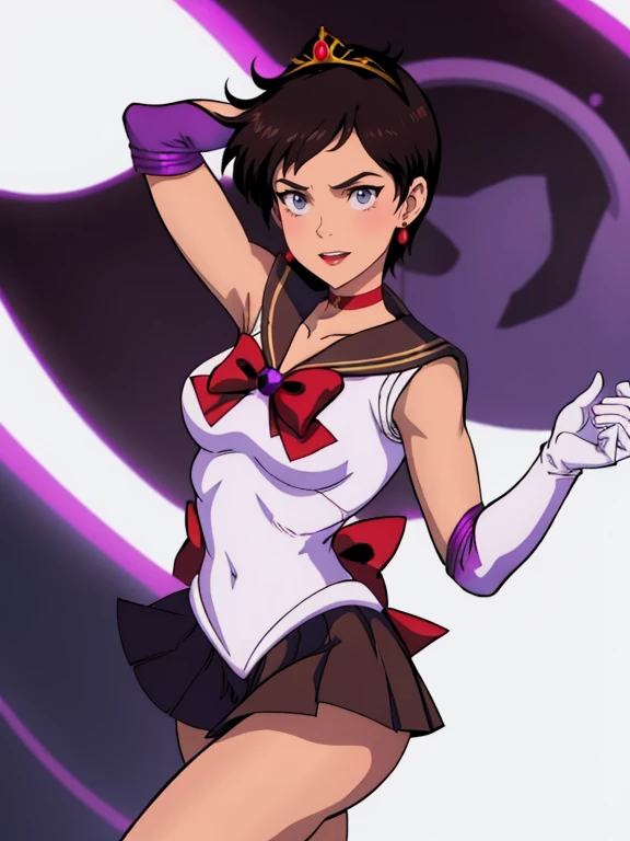 1girl ,lois lane, tan ,short hair ,brown eyes, black hair, sailor moon outfit, purple skirt, elbow gloves, tiara, purple sailor collar, red bow, purple choker, white gloves, jewelry, smile